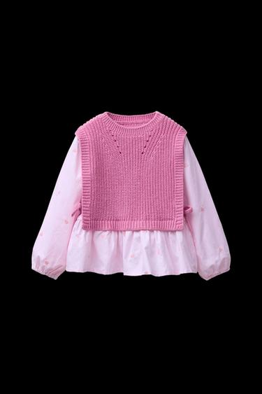 Zara EMBROIDERED HEART SHIRT WITH KNIT VEST - Pink - Image 0