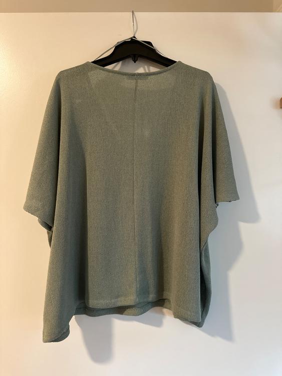Green short-sleeved blouse hanging on a black hanger against a white wall. The fabric has a light and loose texture.