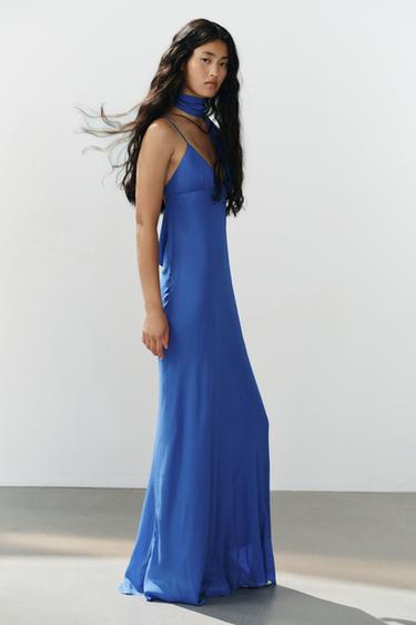 Zara LONG GEORGETTE SCARF STRAP DRESS - Blue