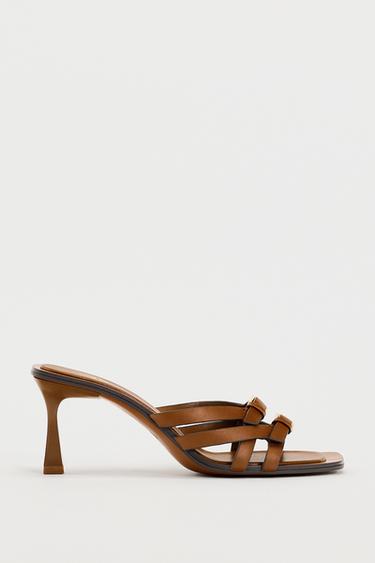 LEATHER STRAPPY HEELED SANDALS - Brown by Zara