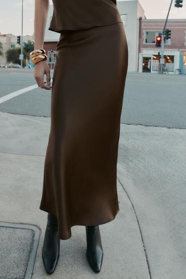 Zara SATIN MIDI SKIRT - Brown