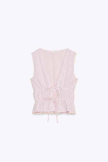 Zara GINGHAM TIE TOP - Pink / White