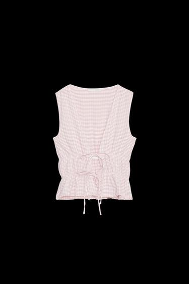 Zara GINGHAM TIE TOP - Pink / White - Image 0
