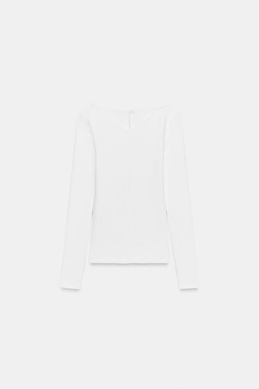 T-SHIRT COL EN V - Blanc de Zara - Image 3