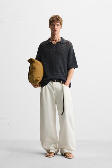 KNIT POLO SHIRT WITH OPENWORK - Anthracite grey by Zara - Image 0