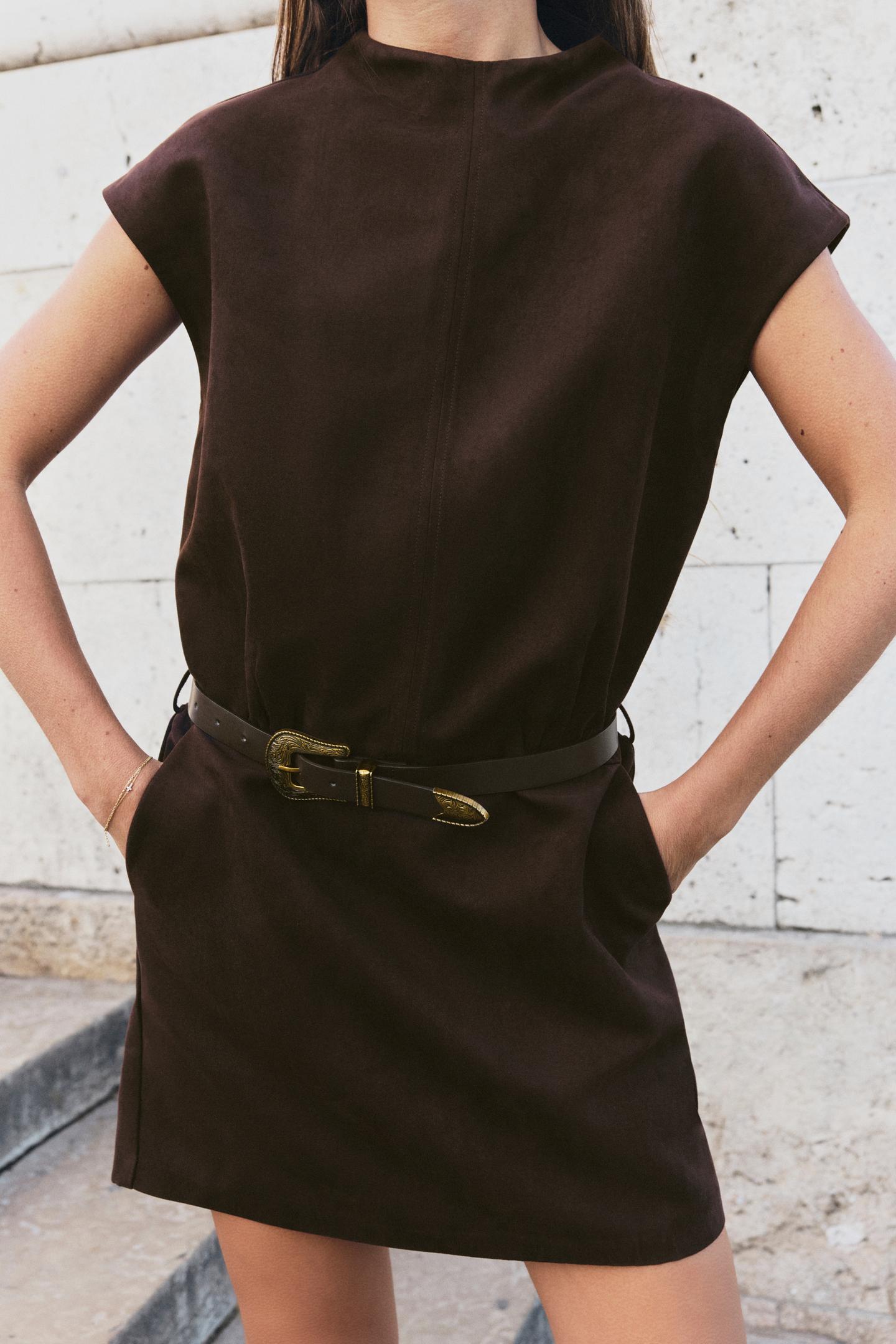 Женское платье Zara Belted Suede-Effect Mini, цвет: Тёмный коричневый — фото 2