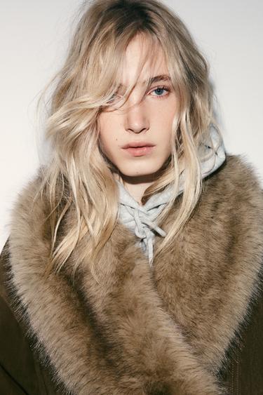 BLOUSON EN CUIR 100% DAIM AVEC EFFET FOURRURE - Kaki de Zara - Image 2