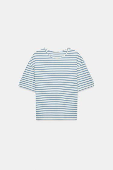 STRIPED SHORT SLEEVE T-SHIRT - Ecru / Blue by Zara