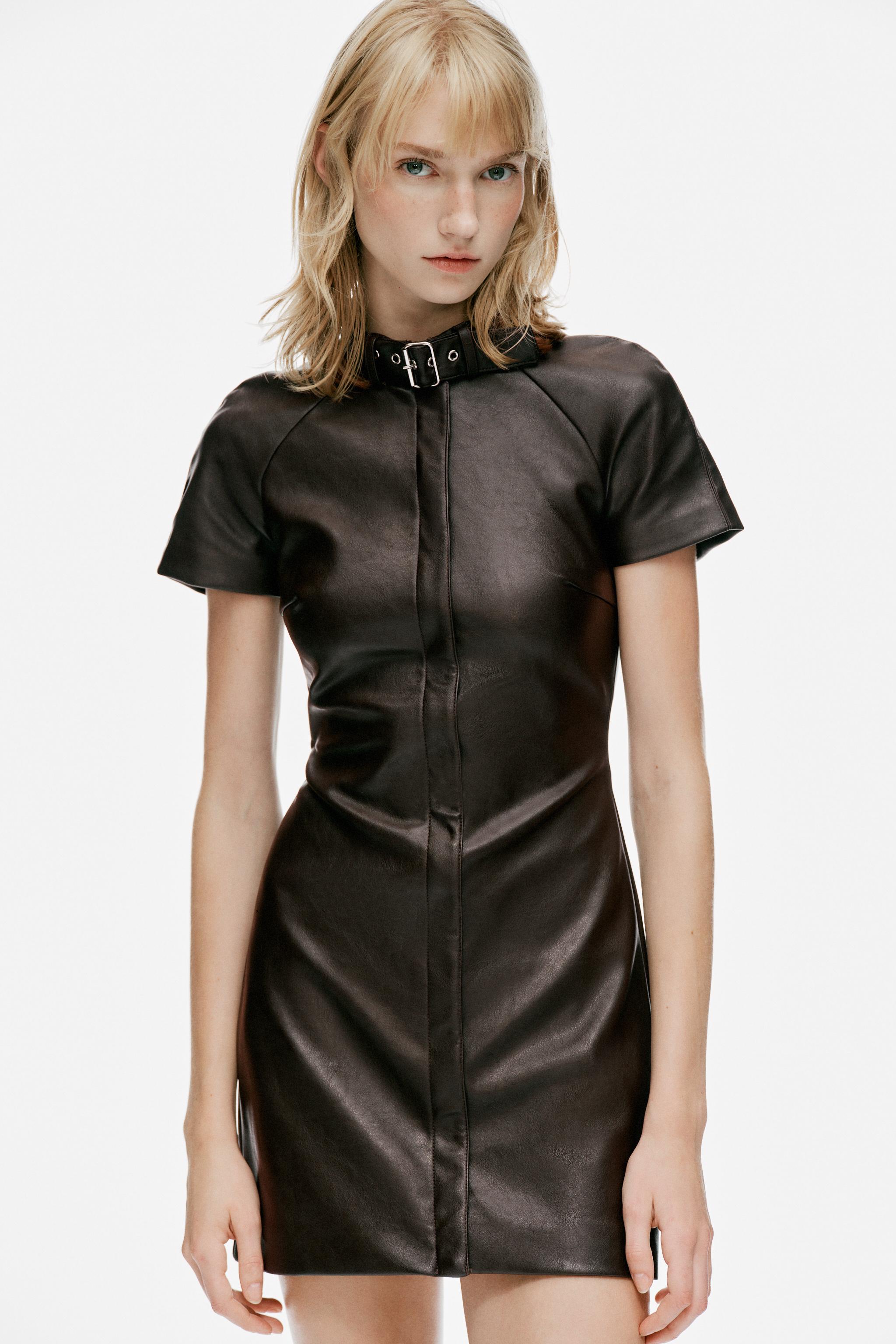 FAUX LEATHER MINI DRESS WITH BUCKLE - Dark brown