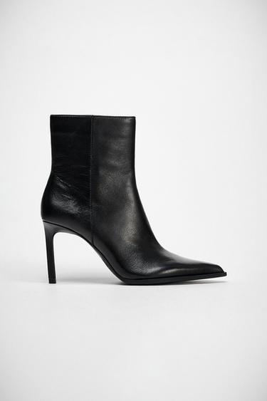 LEATHER STILETTO-HEEL ANKLE BOOTS - Black by Zara
