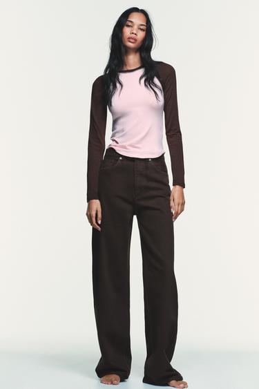 Zara 撞色羅紋長袖T恤 - 卡其色