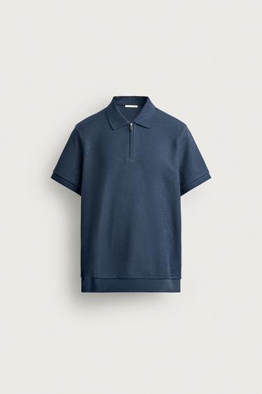 Zara REGULAR FIT ZIP POLO SHIRT - Navy blue