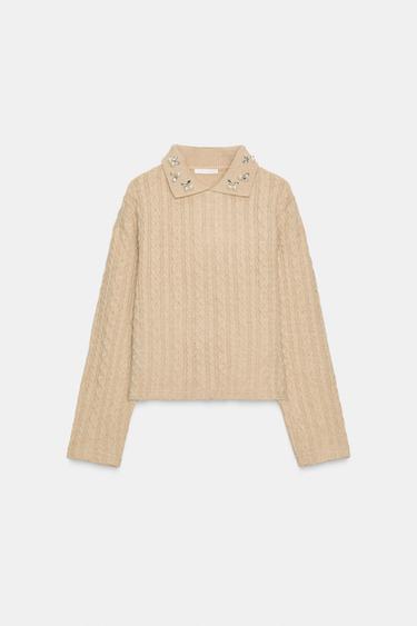 PULL À TORSADES ET COL BIJOU - Beige clair de Zara - Image 6