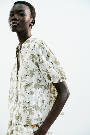PRINTED TOP WITH CUTWORK EMBROIDERY - ecru/khaki by Zara