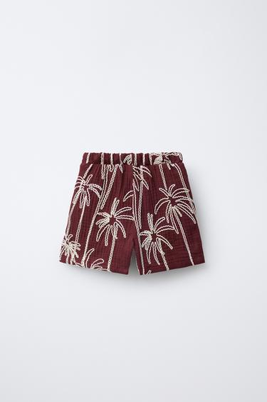 TEXTURED BERMUDA SHORTS WITH EMBROIDERED PALM TREES - Maroon by Zara - Image 1