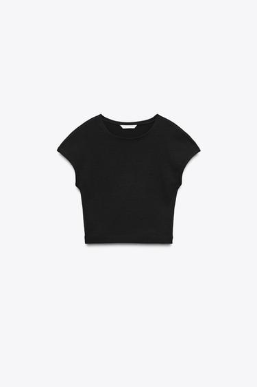 Zara COTTON MODAL CROP T-SHIRT - Black