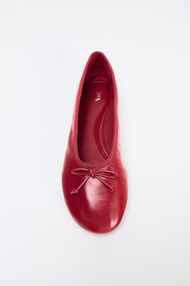 LEATHER BOW BALLET FLATS - Red by Zara