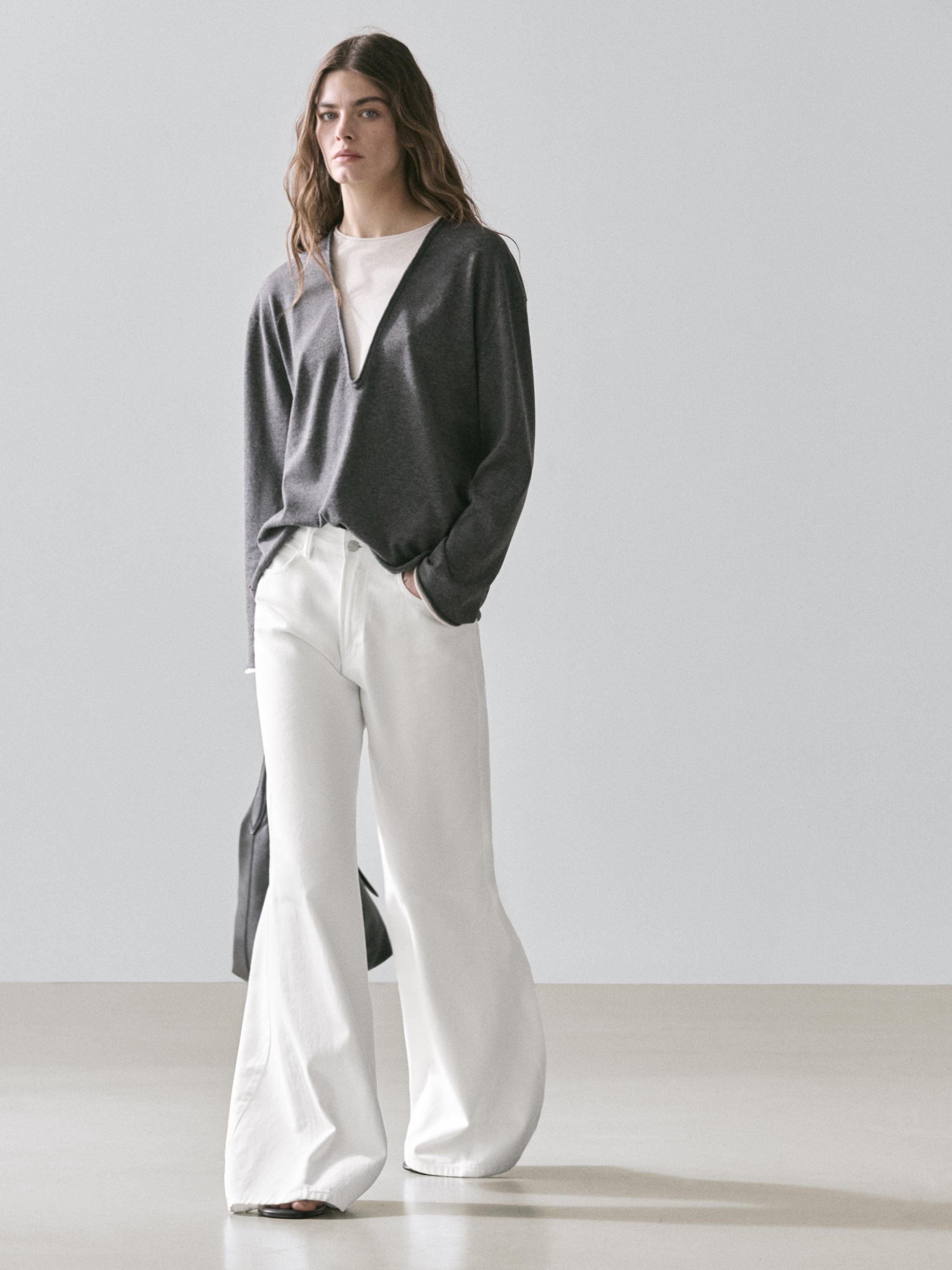Cotton blend knit sweater with contrast fabric