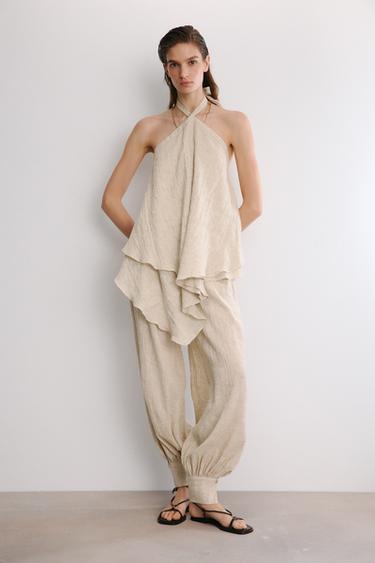 PANTALÓN BOMBACHO MEZCLA LINO - Beige claro de Zara