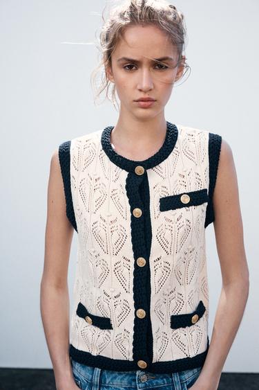 TOP GILET EN MAILLE POINTELLE - Écru / Bleu marine de Zara - Image 1