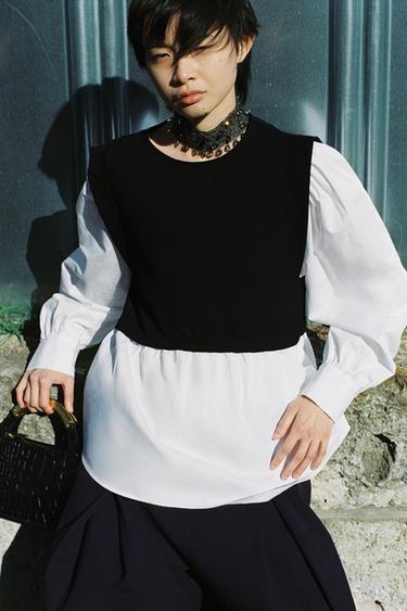 コンビポプリンブラウスブラックZaraのコンビポプリンブラウス - ブラック 