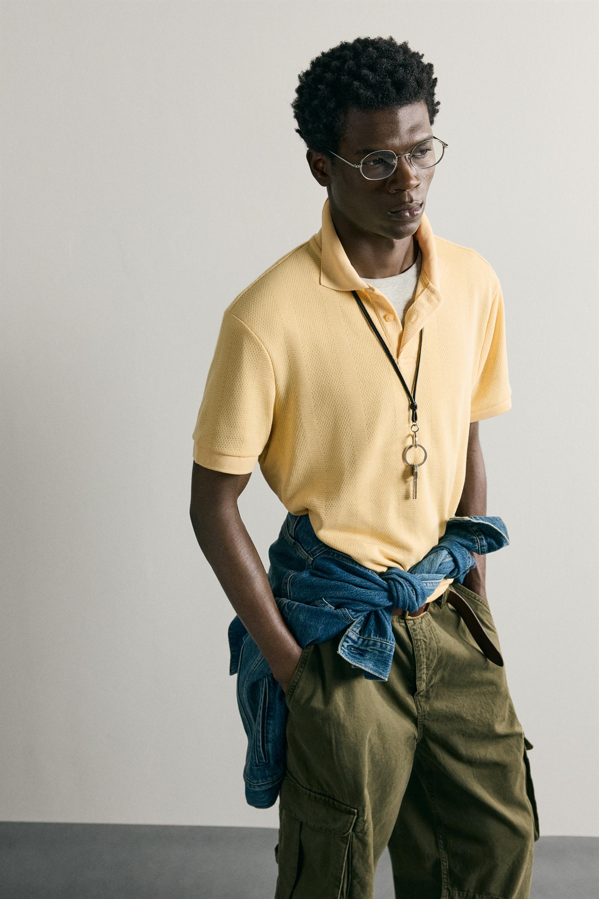 Zara ÇİZGİLİ JAKARLI REGULAR FIT POLO T-SHIRT görsel 5