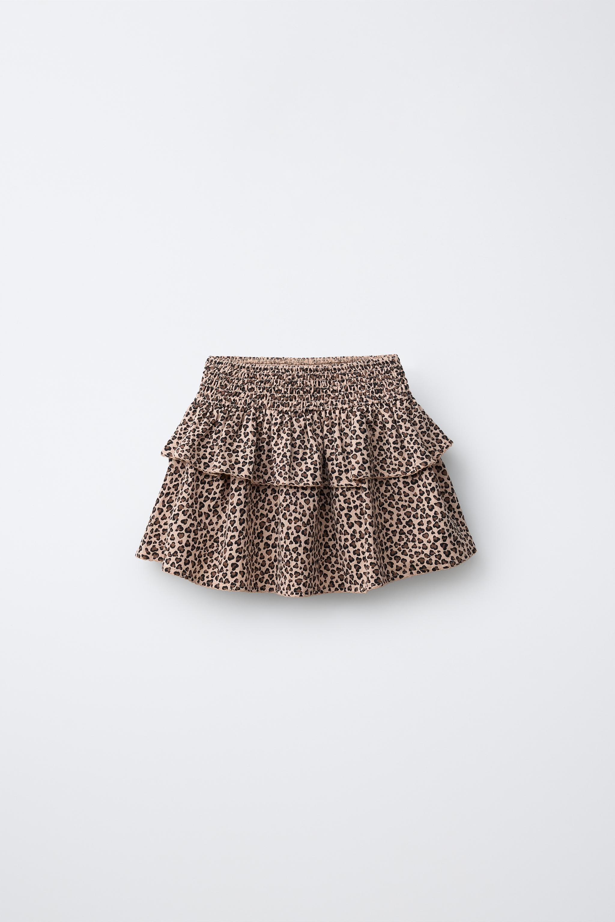 ANIMAL PRINT SHIRRED SKIRT — Light beige