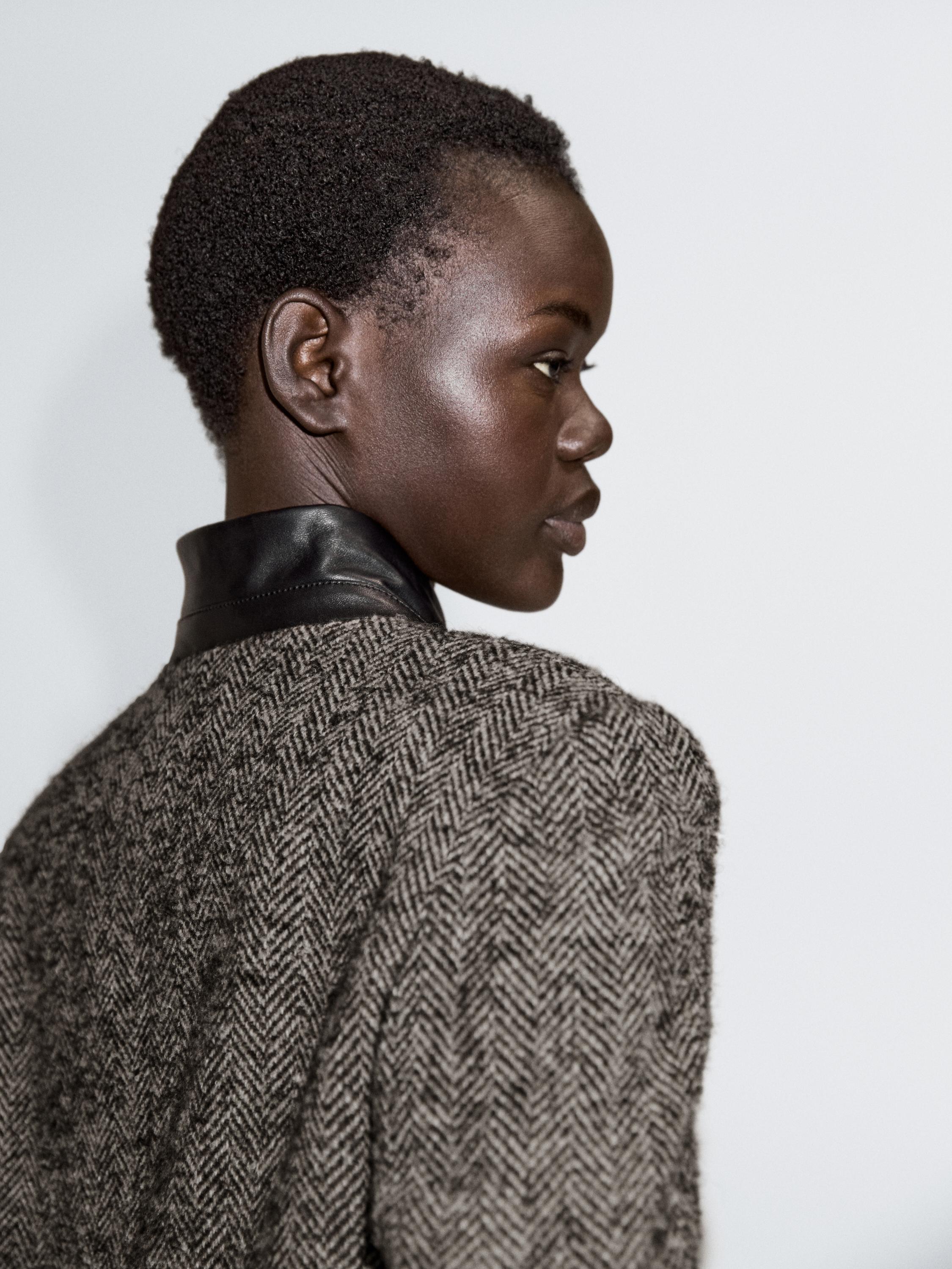 Herringbone wool blend blazer with high collar