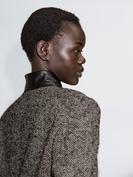 Herringbone wool blend blazer with high collar