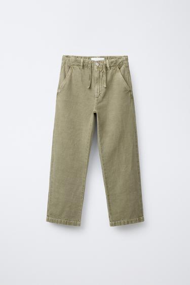 Zara STRAIGHT-LEG COTTON-LINEN PANTS - Light green