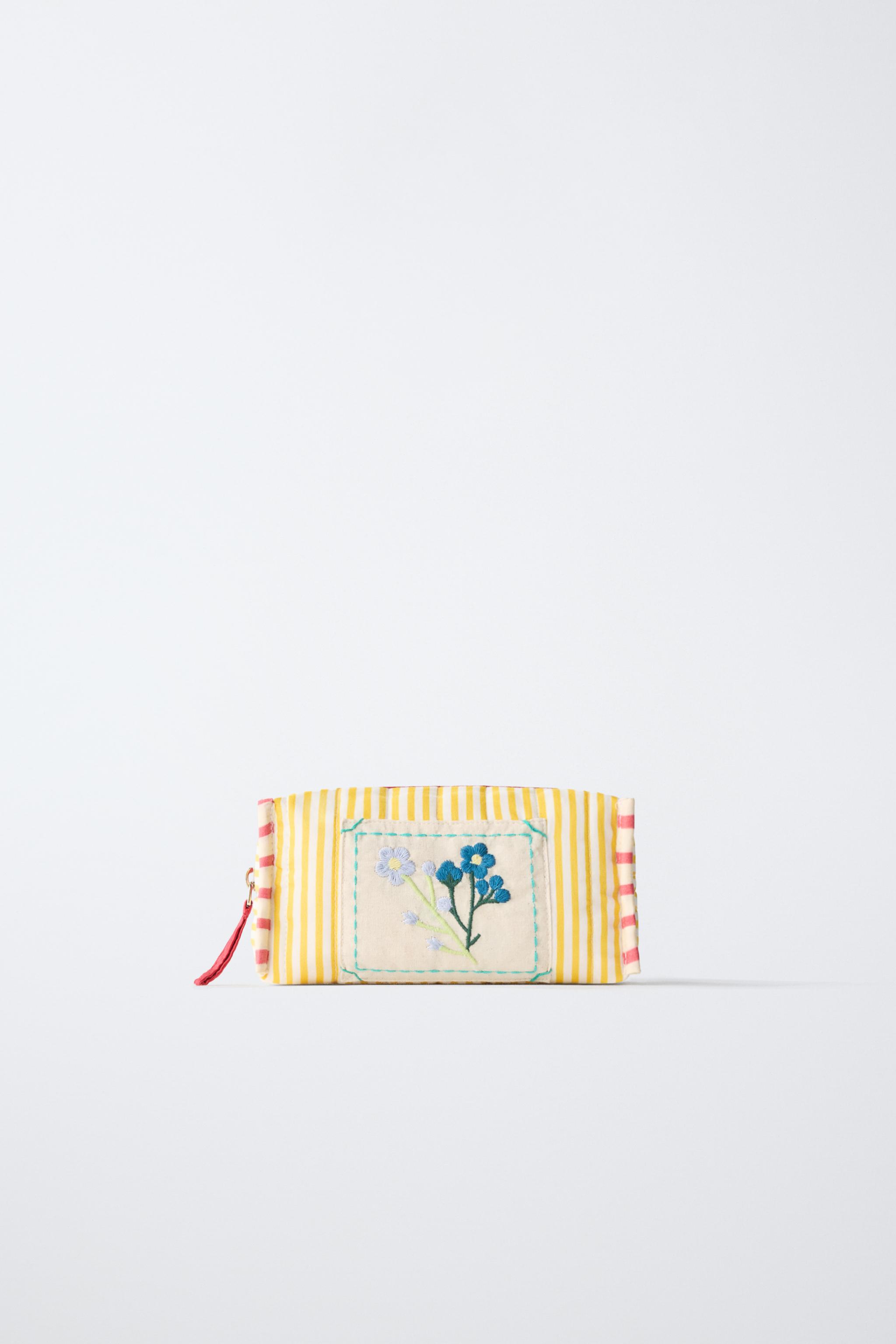 EMBROIDERED STRIPED COSMETICS BAG — Yellow