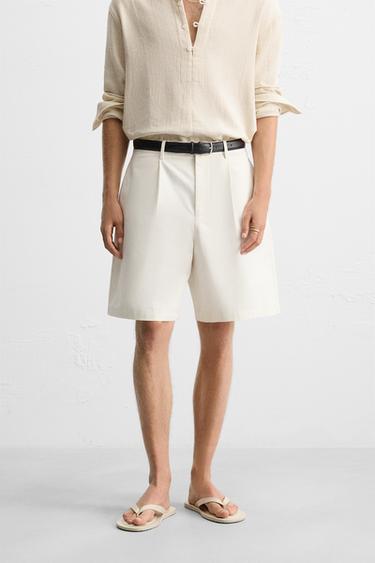 COTTON-LINEN PLEATED BERMUDA SHORTS - White by Zara