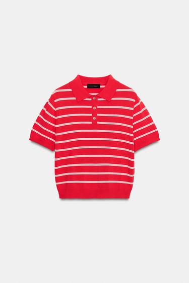 STRIPED SHORT SLEEVE KNIT POLO SHIRT - Red by Zara - Image 4