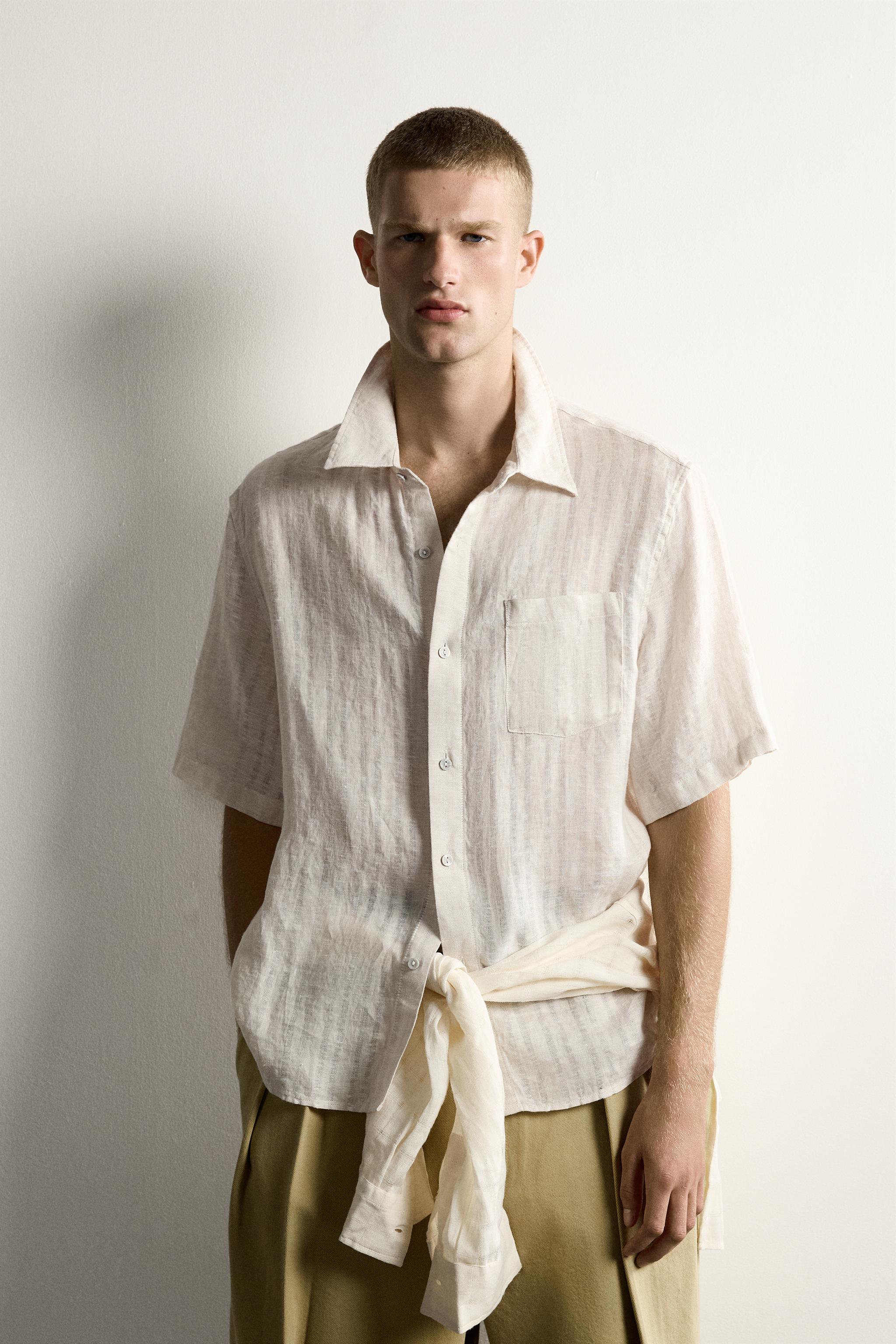 100% LINEN STRIPED JACQUARD SHIRT — Beige