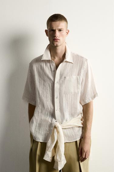 100% LINEN STRIPED JACQUARD SHIRT - Beige by Zara