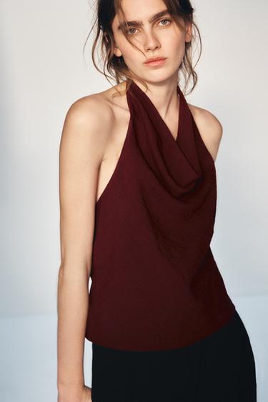 Zara RUSTIC HALTER TOP - Maroon