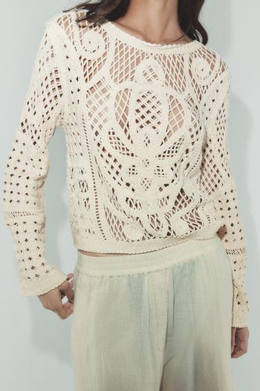 TOP CROCHET MANGA LARGA - Crudo claro de Zara