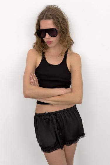 SATIN MINI SHORTS WITH LACE TRIM - Black by Zara