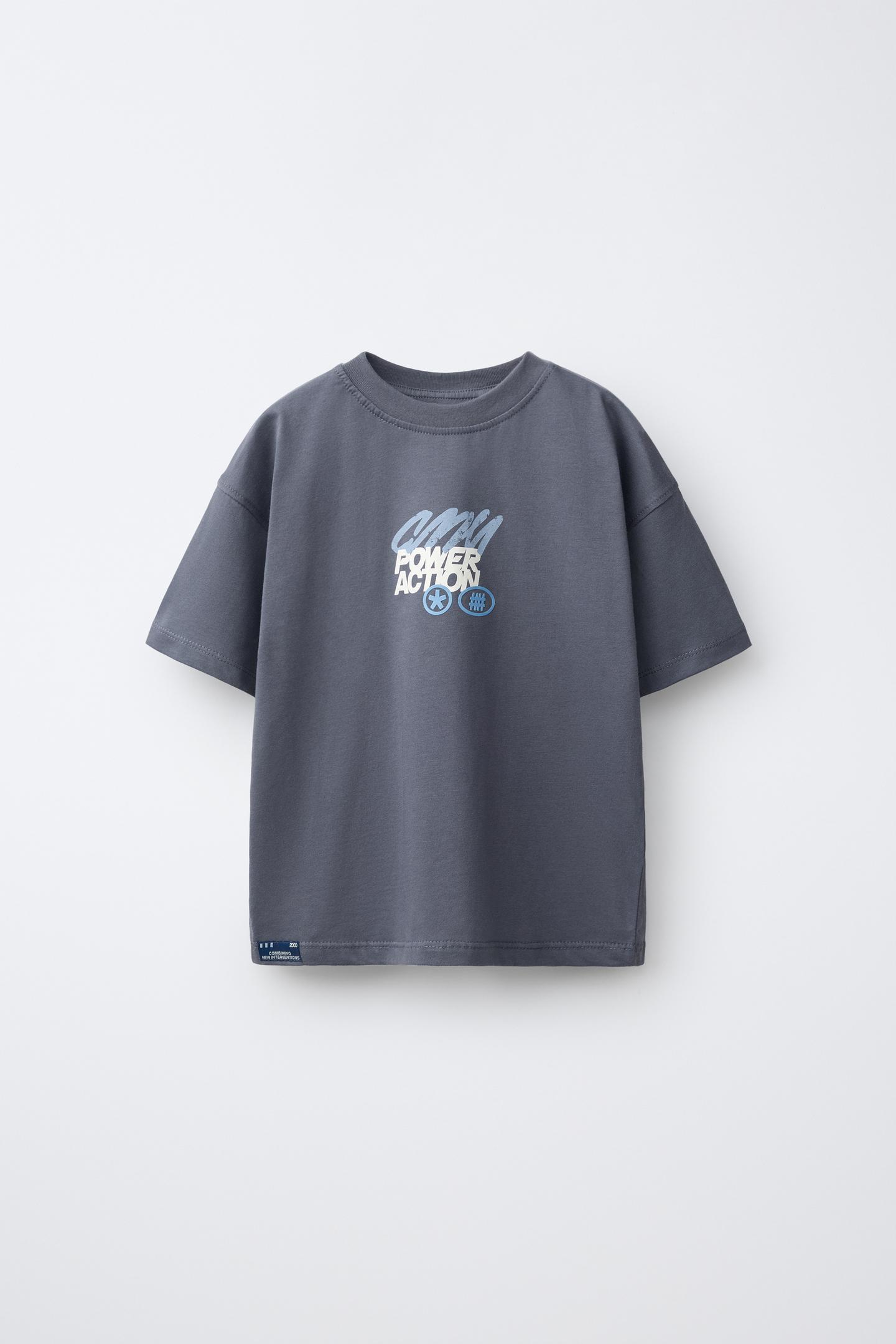 Детская футболка Zara Text Print, цвет: Серый / Синий