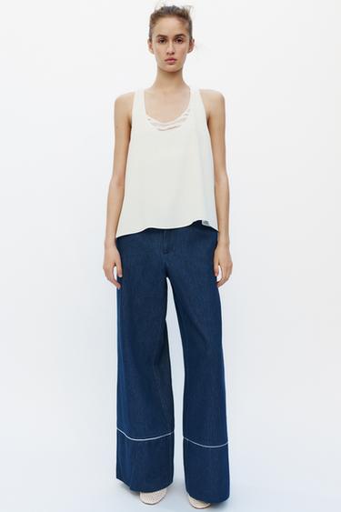 CONTRAST TRIM WIDE-LEG TROUSERS - Blue by Zara
