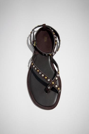 BEADED LEATHER SANDALS - Brown by Zara