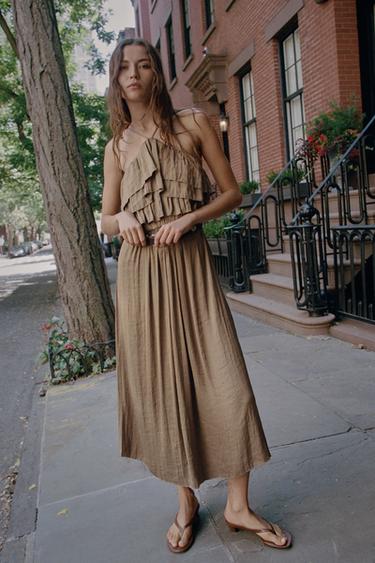 SATIN HALTER MIDI DRESS WITH BELT - Brown / Taupe by Zara