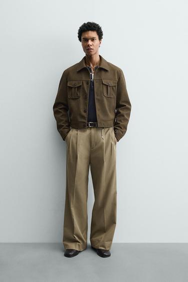 بنطلون وايد فيت بثنيات - بيج الخاص بـ Zara