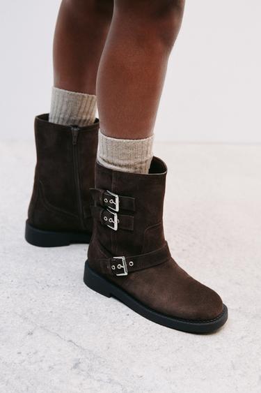 LEATHER BUCKLE BOOTS - Brown by Zara