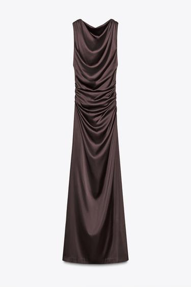 OPEN BACK SATIN LONG DRESS - Dark brown by Zara - Image 7