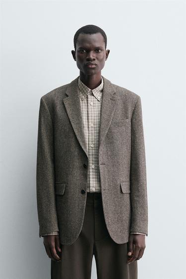 Zara BLAZER REGULAR FIT OD STRUKTURIRANE TKANINE – crna / smeđa