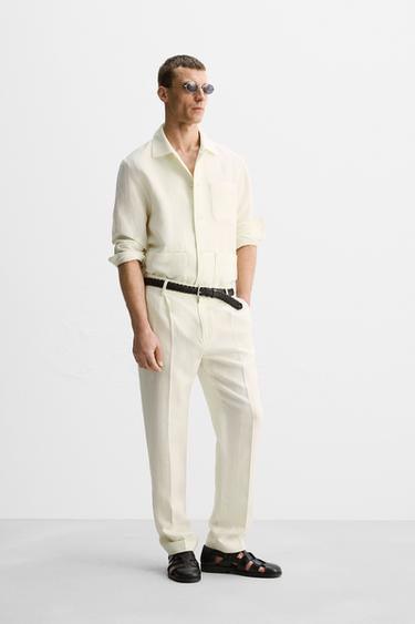 LINEN-WOOL HERRINGBONE TROUSERS - Oyster-white by Zara