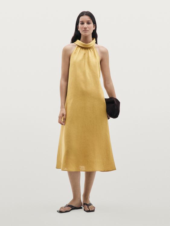 100% linen long halterneck dress