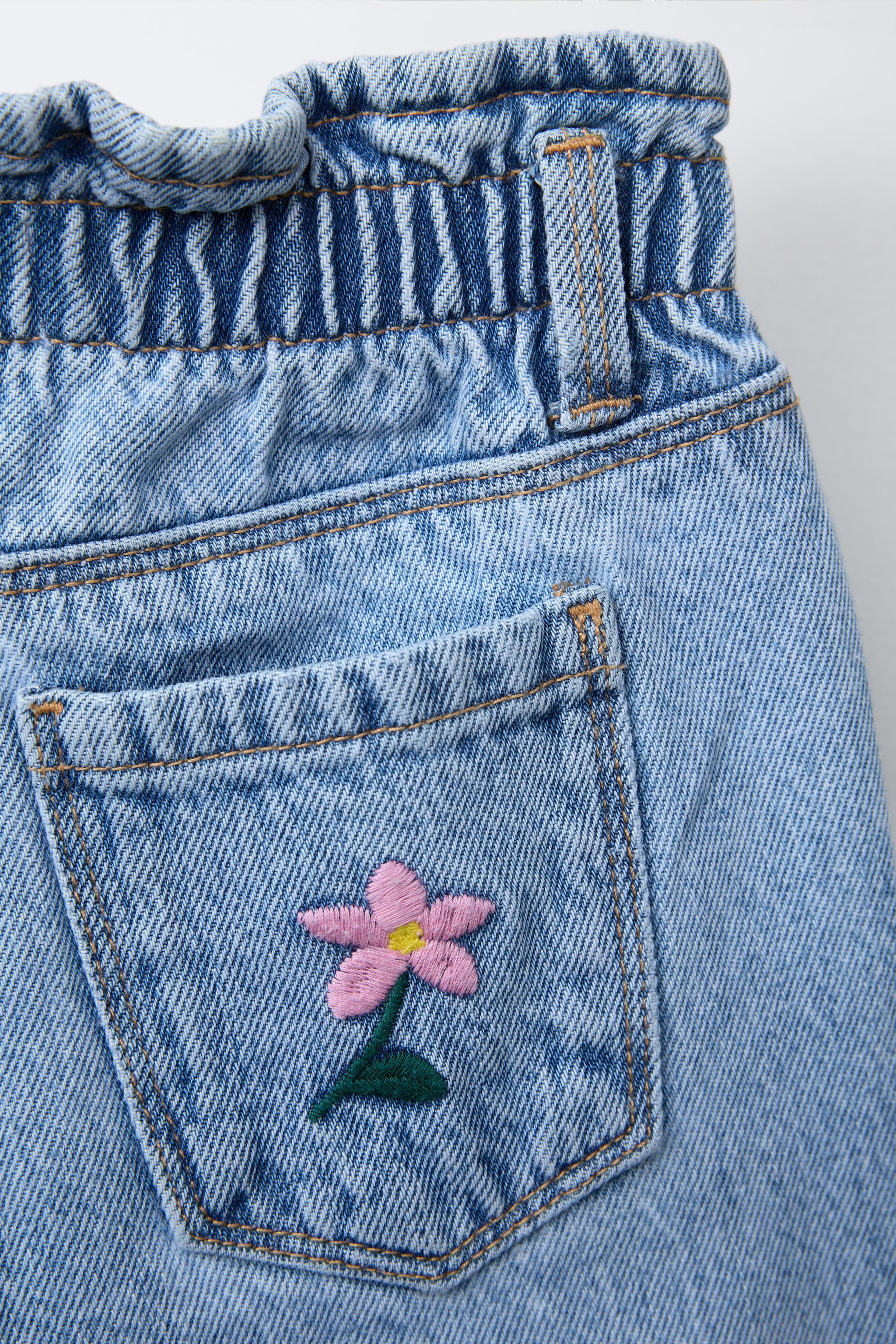 花柄刺繍入りペーパーバッグデニムパンツ - ブルー | ZARA Japan