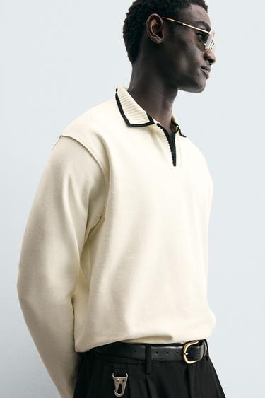 Zara CONTRAST EMBROIDERY POLO SHIRT - Ecru